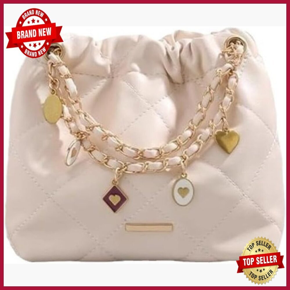 Quilted Hobo Shoulder Bag with Gold Chain Straps and Heart Charms